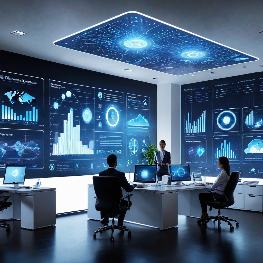 A sleek, futuristic office environment with professionals collaborating over digital devices, showcasing holographic charts and data. Include elements representing various types of insurance, like health, auto, and home, with digital icons floating around. The atmosphere should feel vibrant and forward-thinking, suggesting innovation in the insurance industry. super-realistic. vibrant colors. white background.