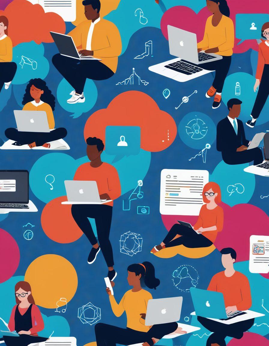 An illustrated guide featuring a diverse group of people exploring various online insurance platforms on laptops and tablets. The scene should include icons representing different types of insurance like health, car, and home. Bright colors with thought bubbles illustrating options and comparisons. A digital map in the background symbolizing navigation through choices. modern flat design. vibrant colors