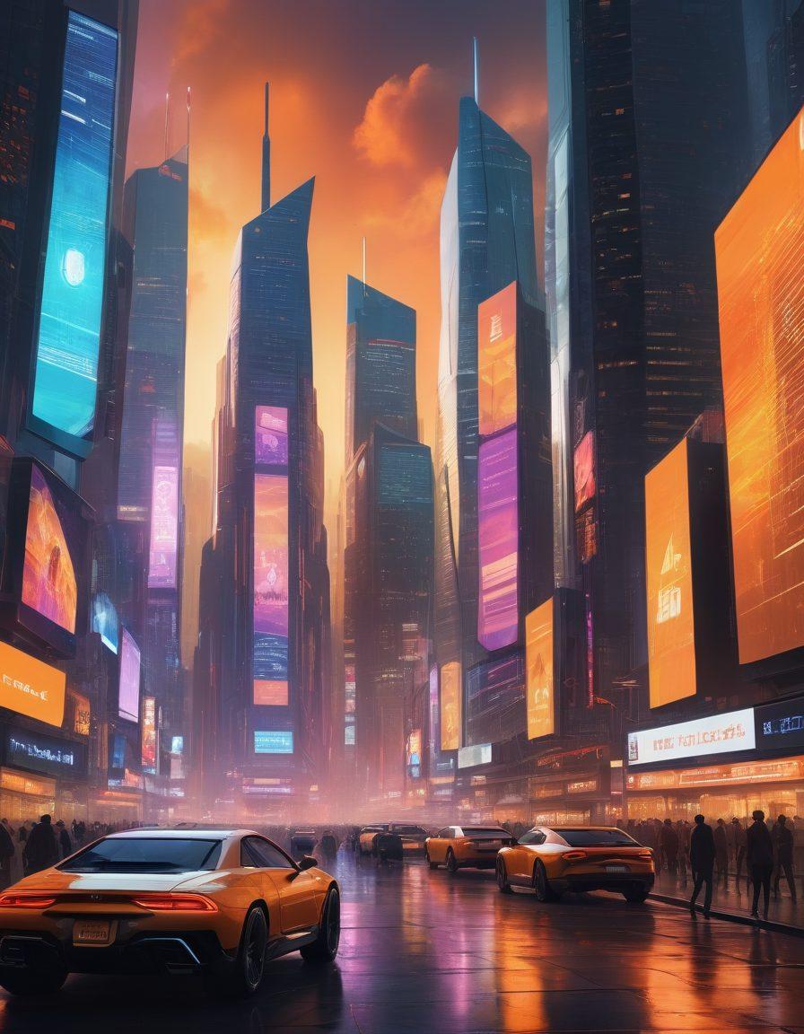 A futuristic city skyline with digital billboards showcasing various insurance options, people interacting with holographic technology, and symbols representing affordability and comprehensive solutions in the foreground. Bright digital interface elements, warm tones reflecting hope and security. vibrant colors. cyberpunk.